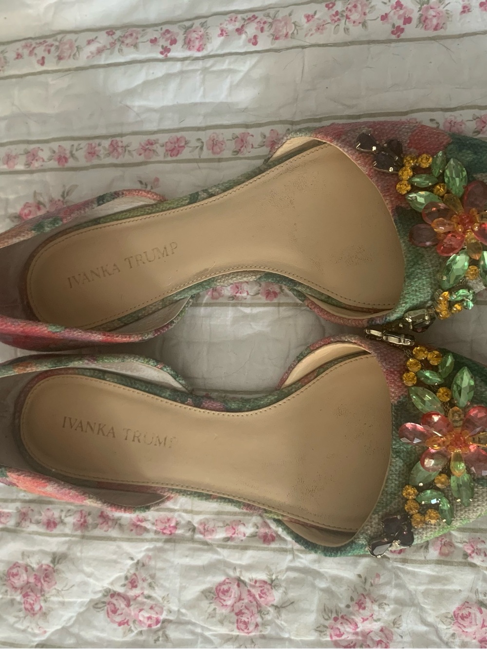 Ivanka Trump Pink Green Jeweled D'Orsay Flats